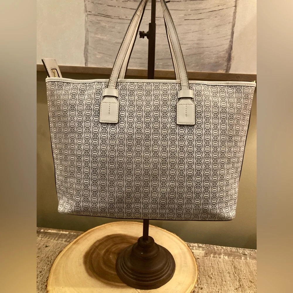 Tory Burch Gemini Link Coated Canvas White Leather Tote Bag Crossbody Strap - Picture 3 of 10